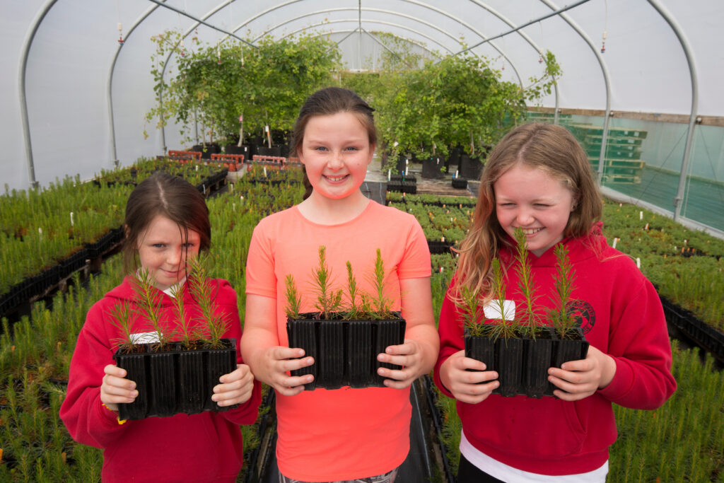 Three schoolgirls on day trip to help growing native trees at Trees for Life nursery, Dundreggan, Scotland. NO MR AVAILABLE